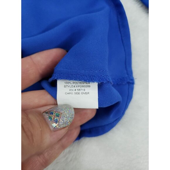 My Collection Top Women Large Blue Button Up Flowy Collar Untucked Layer Office - Picture 6 of 9